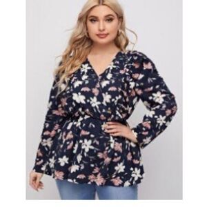 SHEIN Pink Puff Sleeve Ruffled Wrap Blouse